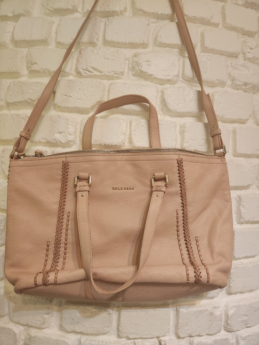 Cole Haan Blush Pink Leather Shoulder Crossbody Purse Whipstitch Detail